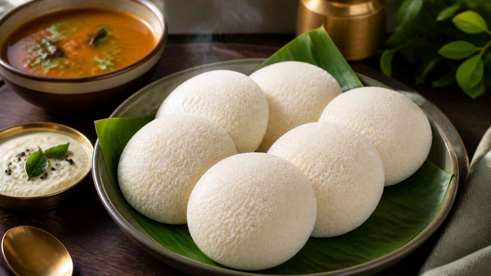 Soft Mallige idli served with coconut chutney and sambar